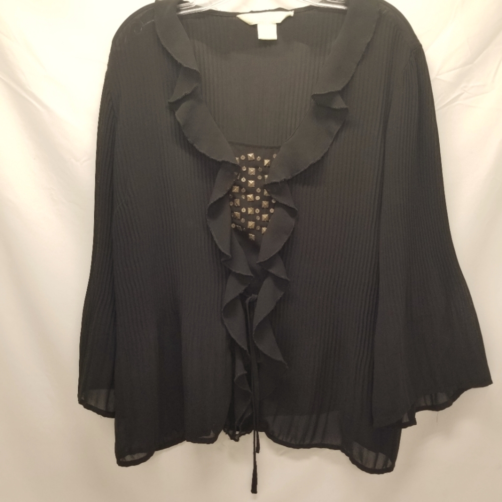 New York City Design Co. Womans Size L Blouse Black Pleated Sheer Ruffle Studs
